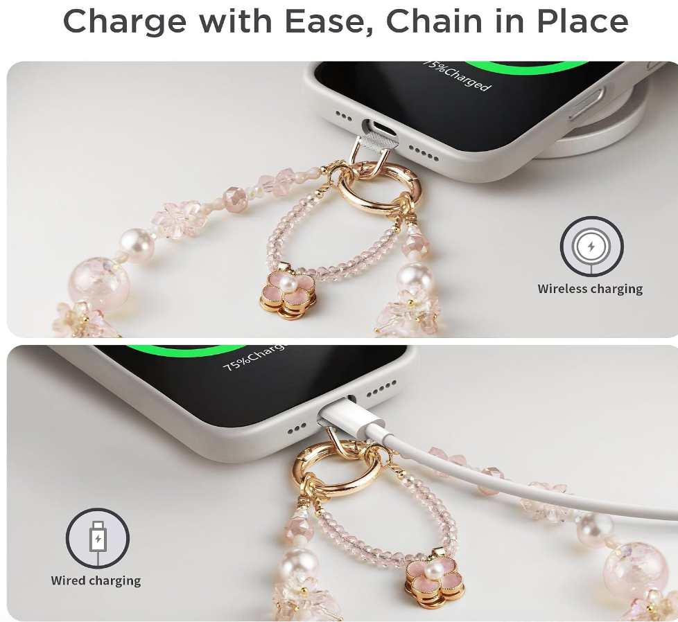 Pink Blossom Phone Strap with Charms
