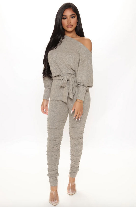 Taupe Off-Shoulder Knit Jogger Jumpsuit