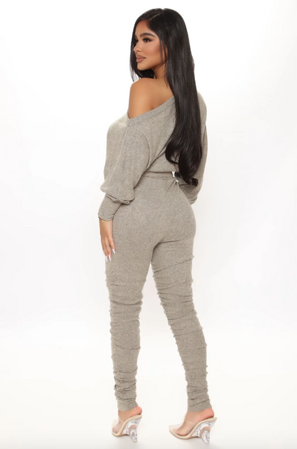 Taupe Off-Shoulder Knit Jogger Jumpsuit