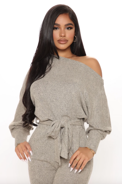 Taupe Off-Shoulder Knit Jogger Jumpsuit
