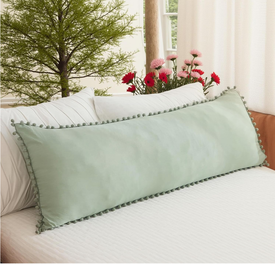 Sage Green Pom-Trim Pillow Cover
