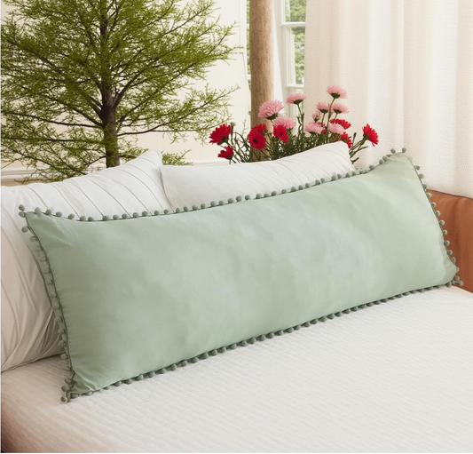 Sage Green Pom-Trim Pillow Cover