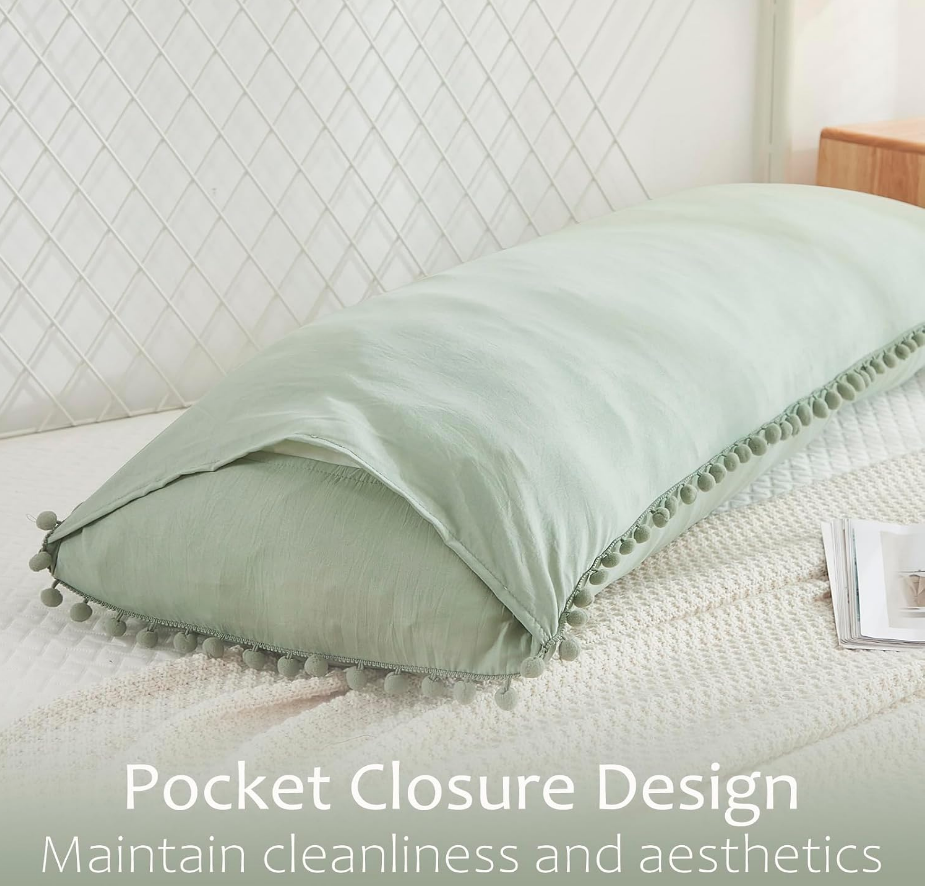 Sage Green Pom-Trim Pillow Cover