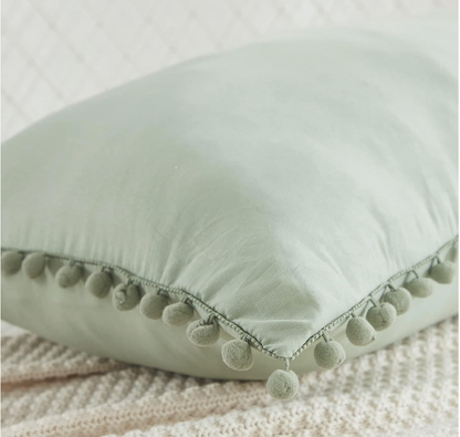 Sage Green Pom-Trim Pillow Cover