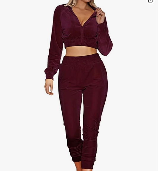 Burgundy Velour Crop Jogger Set