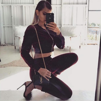 Burgundy Velour Crop Jogger Set