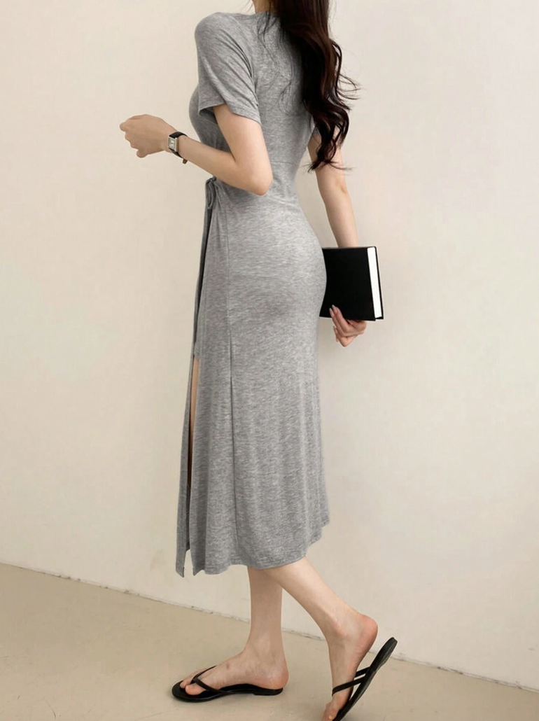 Grey High-Low Tie-Waist Maxi Dress