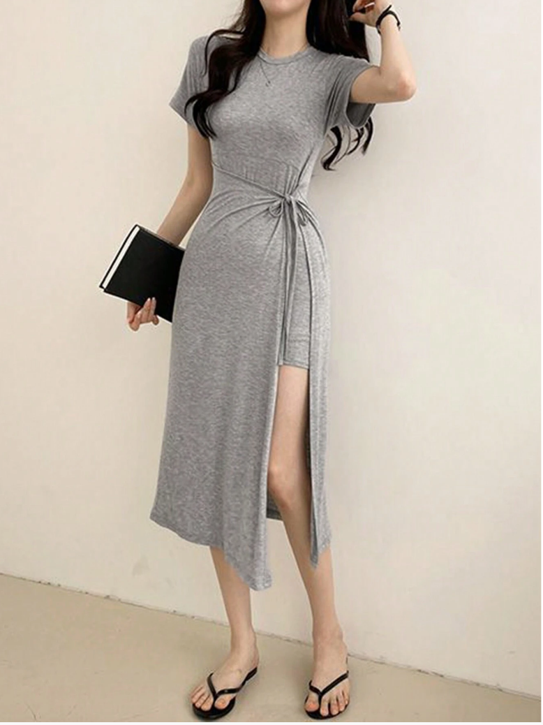 Grey High-Low Tie-Waist Maxi Dress