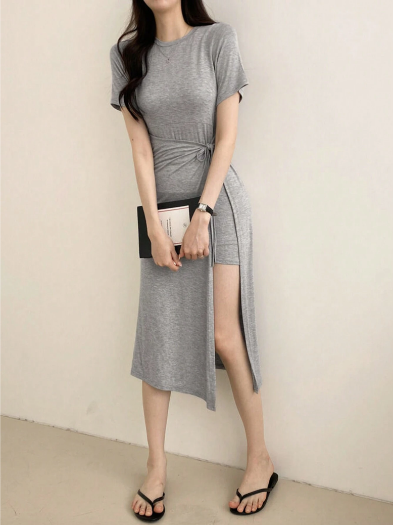 Grey High-Low Tie-Waist Maxi Dress