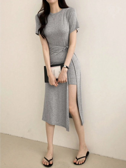 Grey High-Low Tie-Waist Maxi Dress