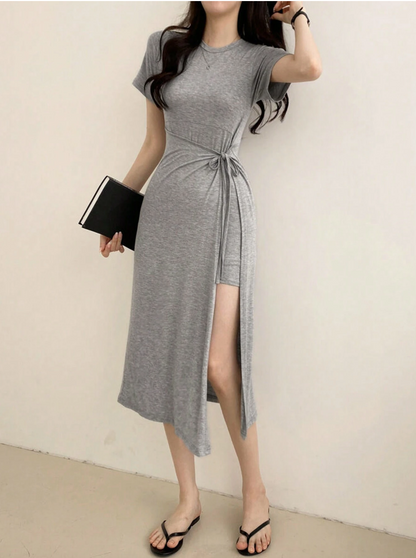 Grey High-Low Tie-Waist Maxi Dress