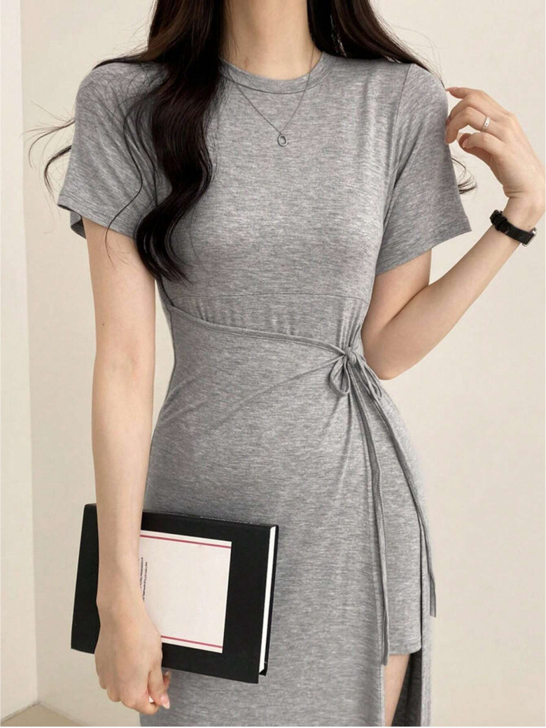 Grey High-Low Tie-Waist Maxi Dress