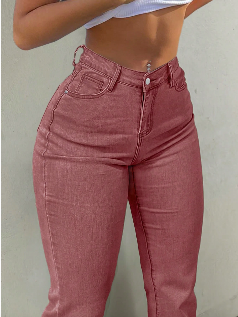 Rose-Mauve High-Waist Flare Jeans