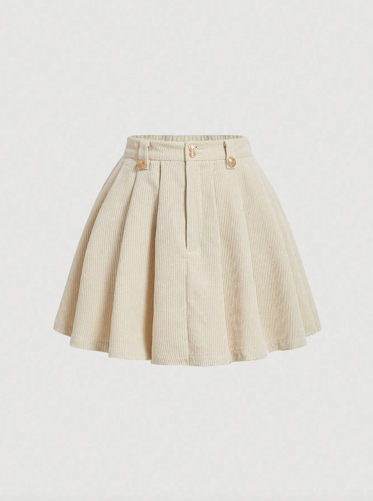 Cream Corduroy Pleated Skater Skirt