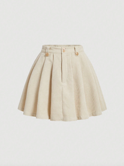 Cream Corduroy Pleated Skater Skirt
