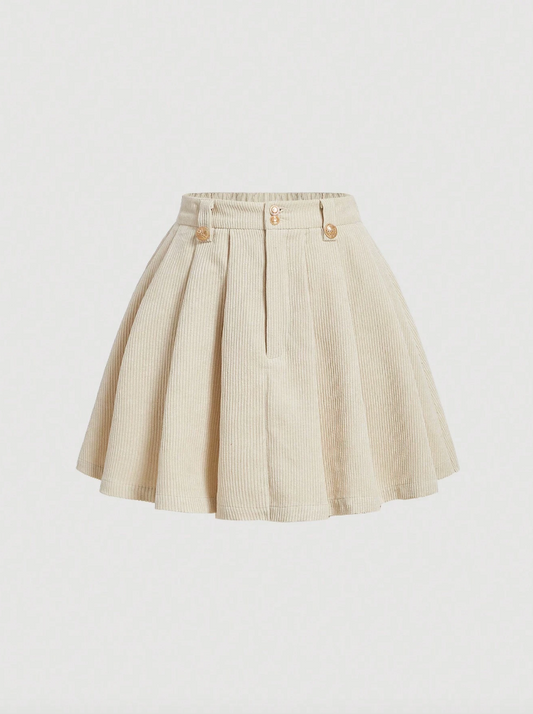 Cream Corduroy Pleated Skater Skirt