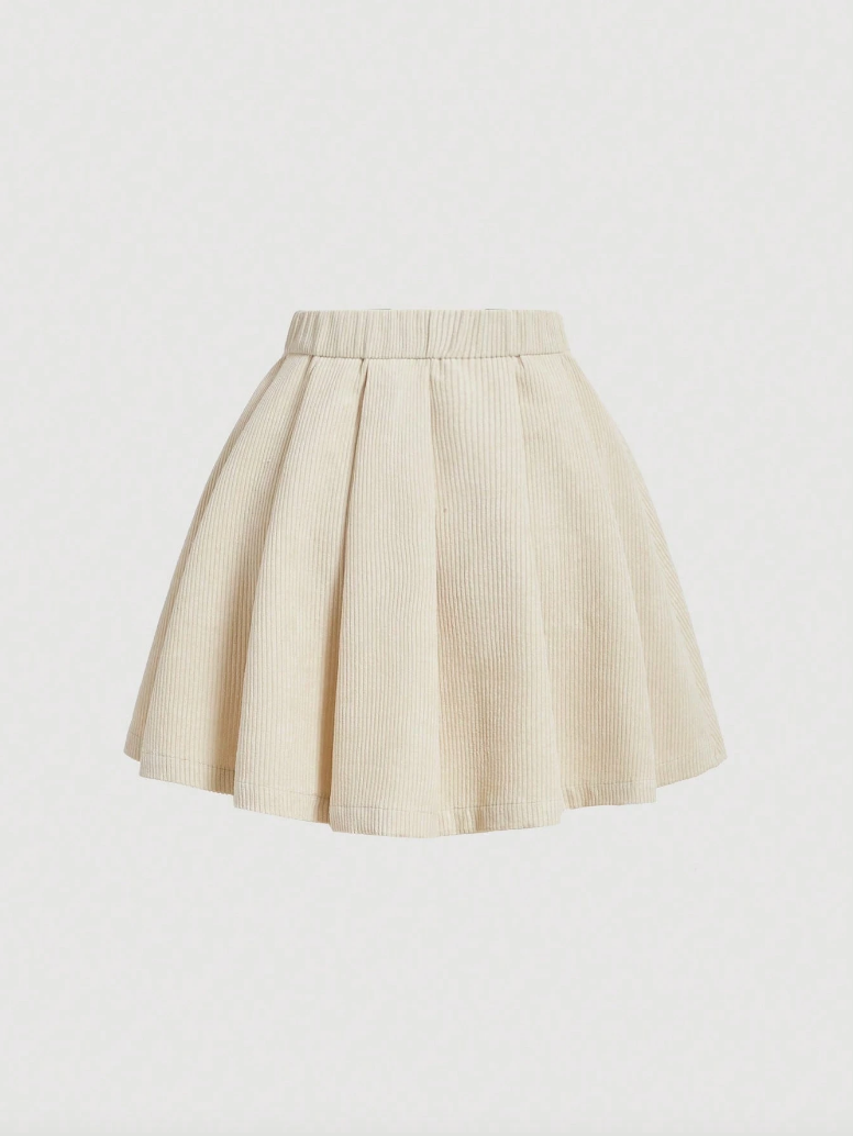 Cream Corduroy Pleated Skater Skirt