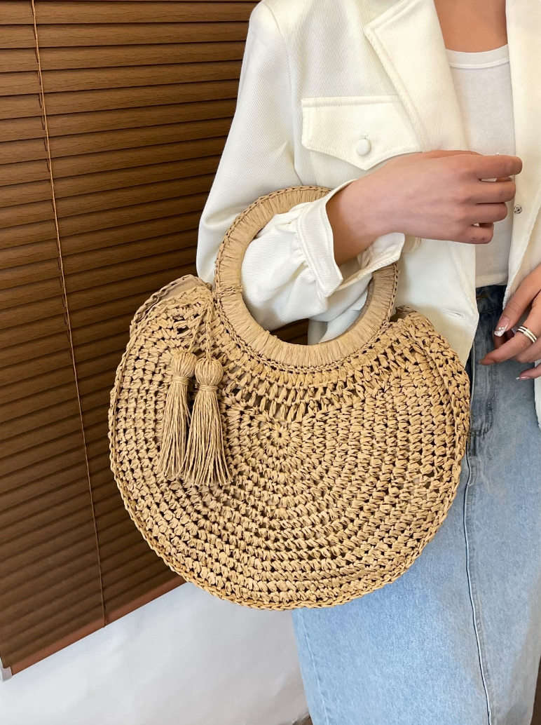 Round Straw Tote with Tassels