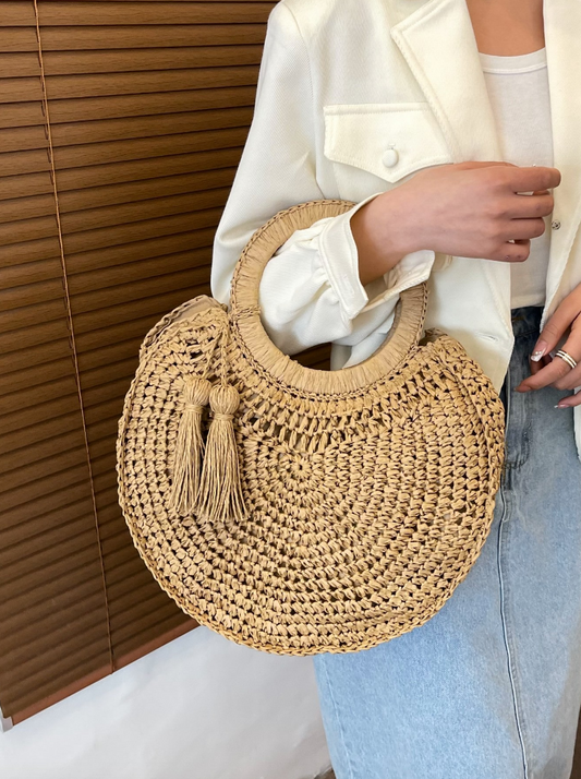 Round Straw Tote with Tassels