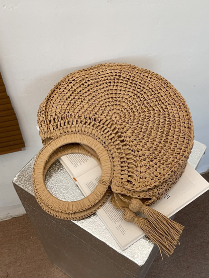 Round Straw Tote with Tassels