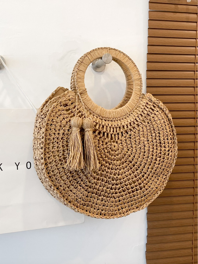 Round Straw Tote with Tassels