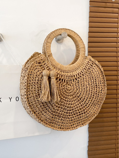 Round Straw Tote with Tassels