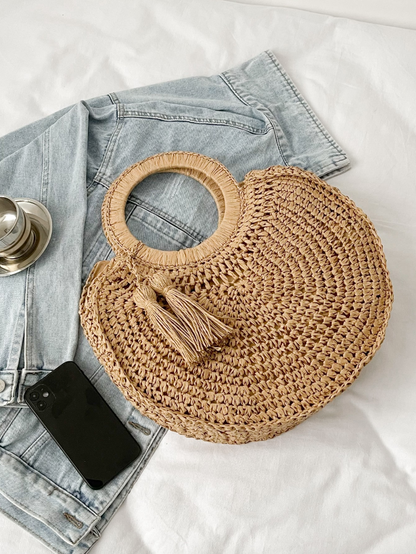 Round Straw Tote with Tassels