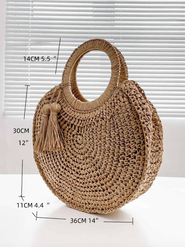 Round Straw Tote with Tassels