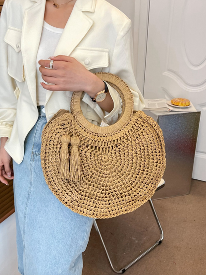 Round Straw Tote with Tassels