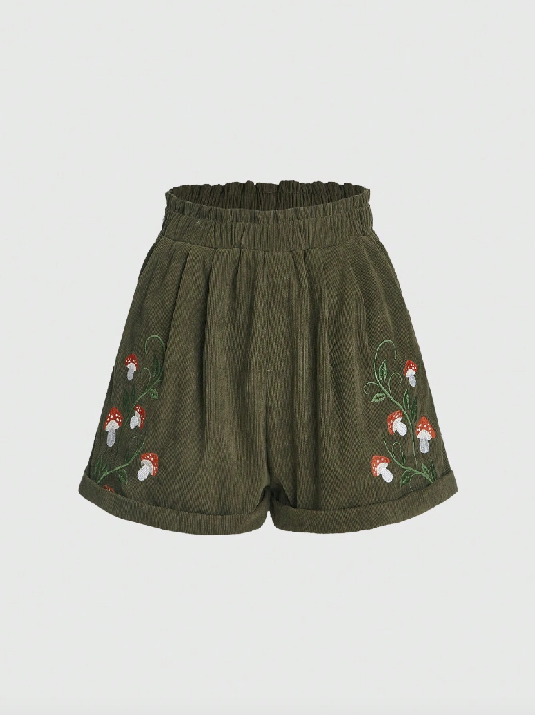 Olive Green Mushroom Embroidered Shorts