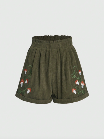 Olive Green Mushroom Embroidered Shorts
