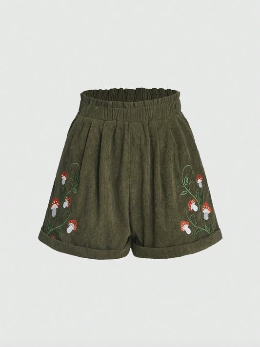 Olive Green Mushroom Embroidered Shorts