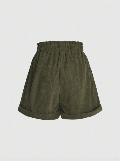 Olive Green Mushroom Embroidered Shorts