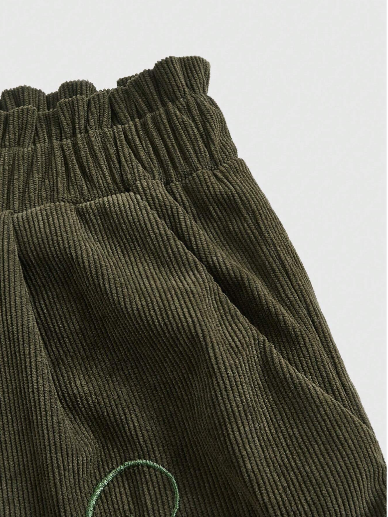 Olive Green Mushroom Embroidered Shorts