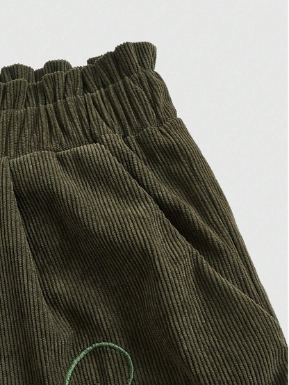 Olive Green Mushroom Embroidered Shorts