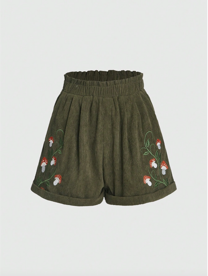 Olive Green Mushroom Embroidered Shorts