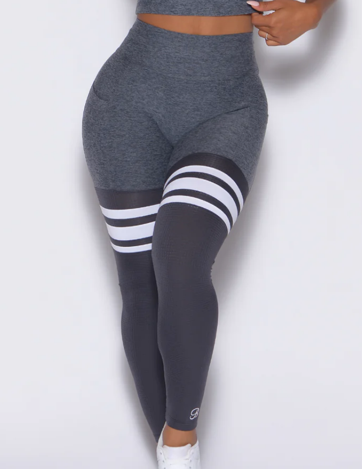 Gray and White Striped High-Waist Leggings