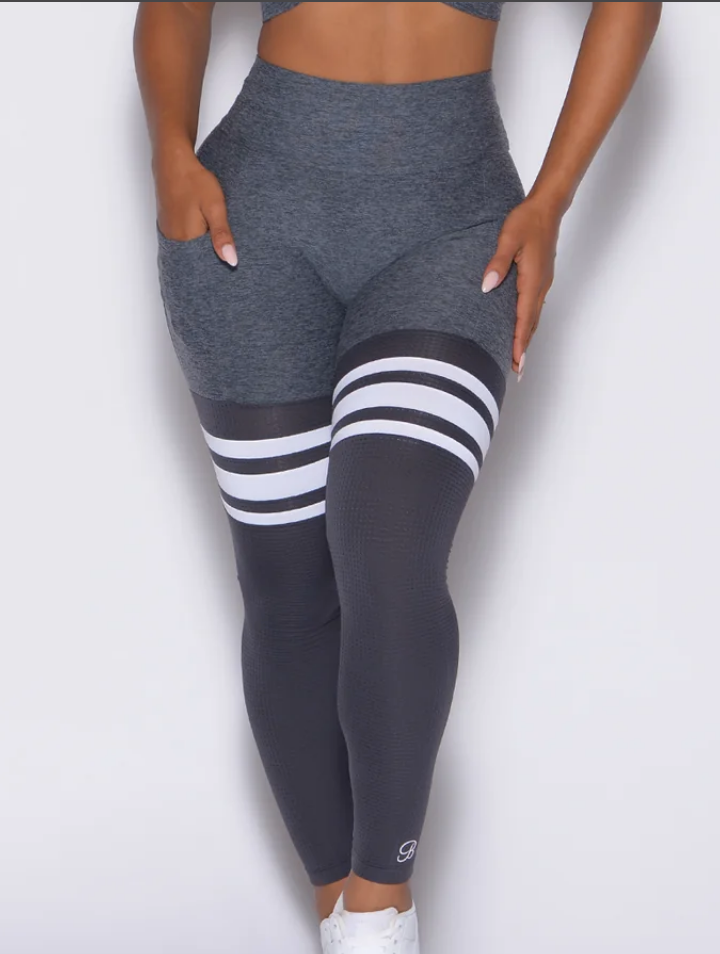Gray and White Striped High-Waist Leggings