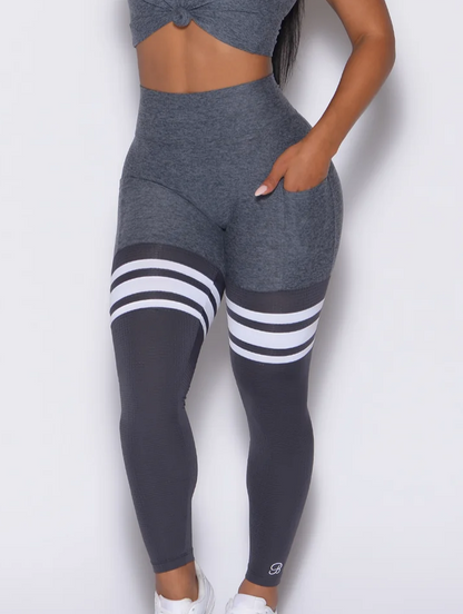 Gray and White Striped High-Waist Leggings