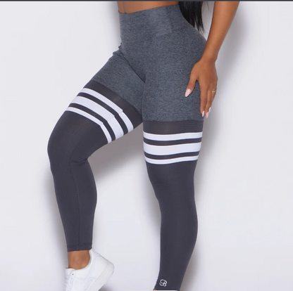 Gray and White Striped High-Waist Leggings