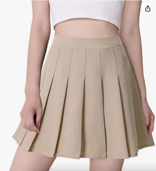 High-Waist Pleated Skater Skirt in Beige