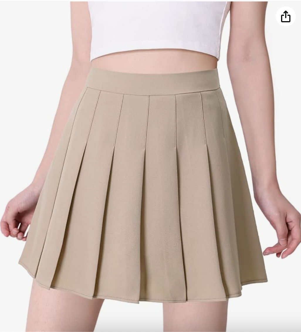 High-Waist Pleated Skater Skirt in Beige