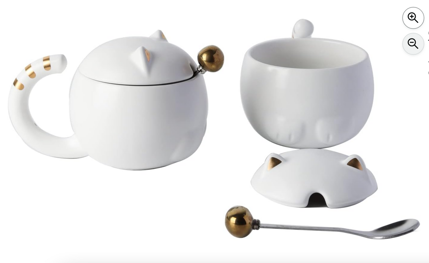 White Cat Mugs with Spoon and Lid (Set of 2)
