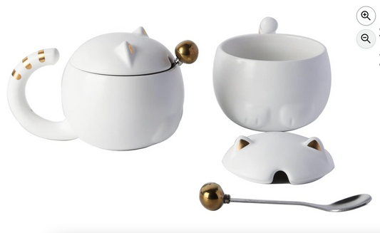 White Cat Mugs with Spoon and Lid (Set of 2)