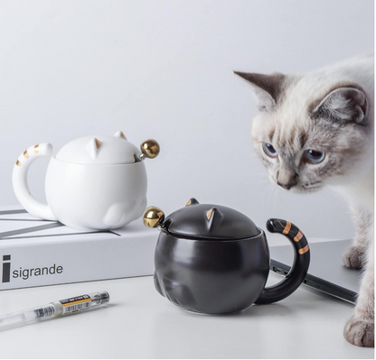White Cat Mugs with Spoon and Lid (Set of 2)