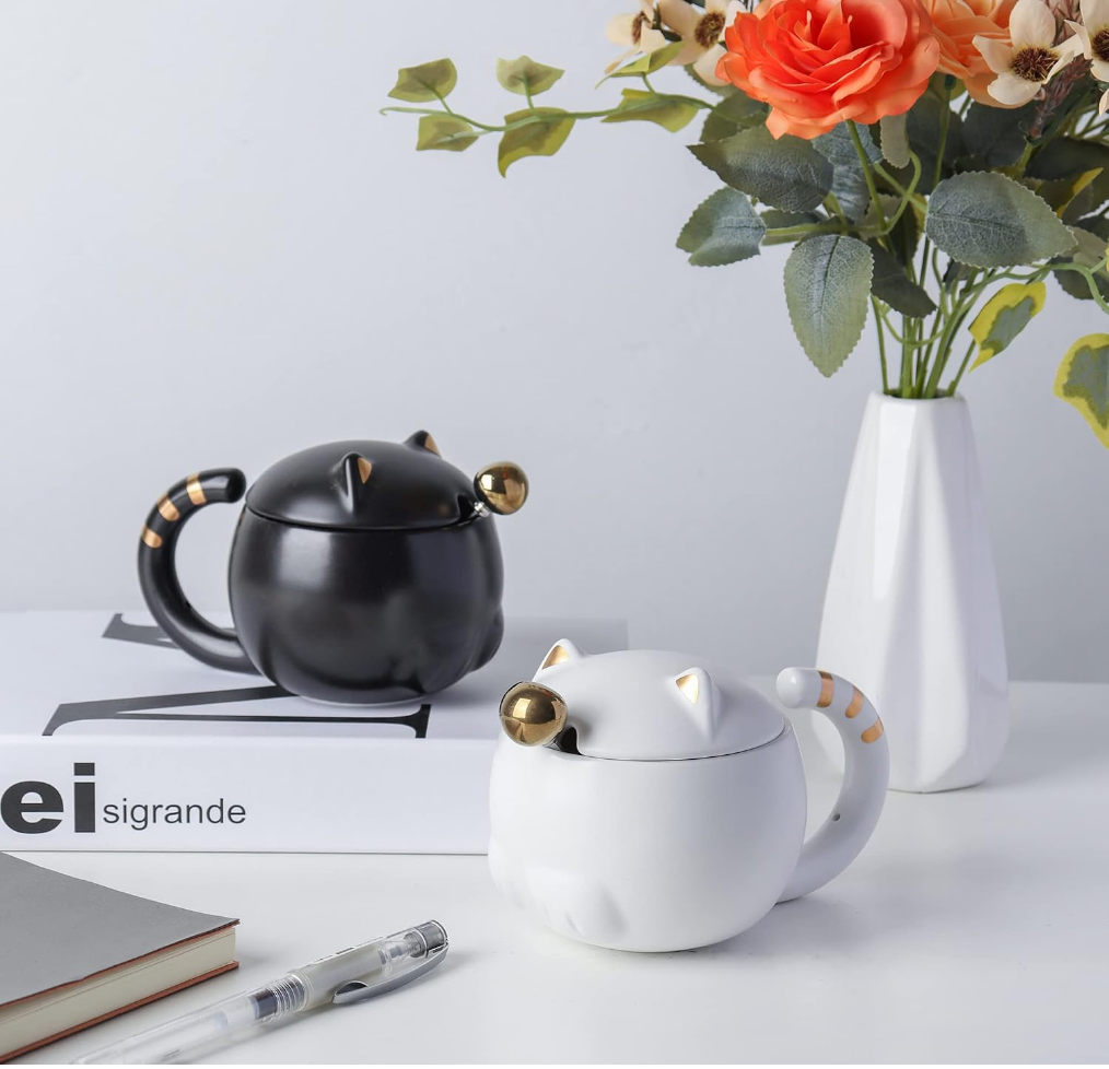 White Cat Mugs with Spoon and Lid (Set of 2)