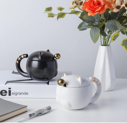White Cat Mugs with Spoon and Lid (Set of 2)