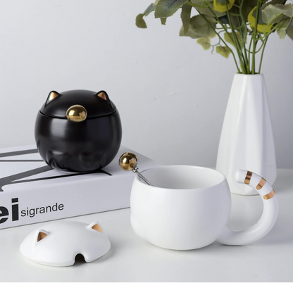 White Cat Mugs with Spoon and Lid (Set of 2)