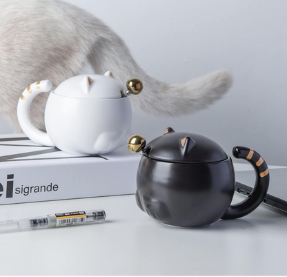 White Cat Mugs with Spoon and Lid (Set of 2)