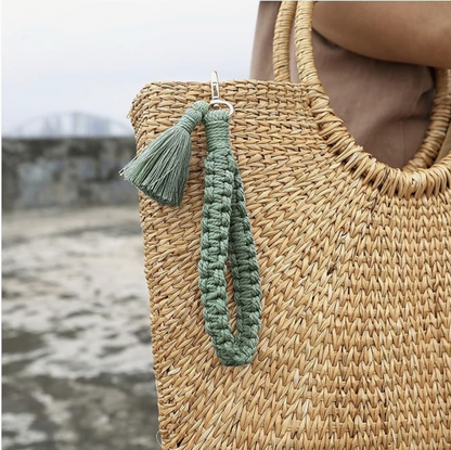 Braided Tassel Wristlet Key and Card Holder in Sage Green